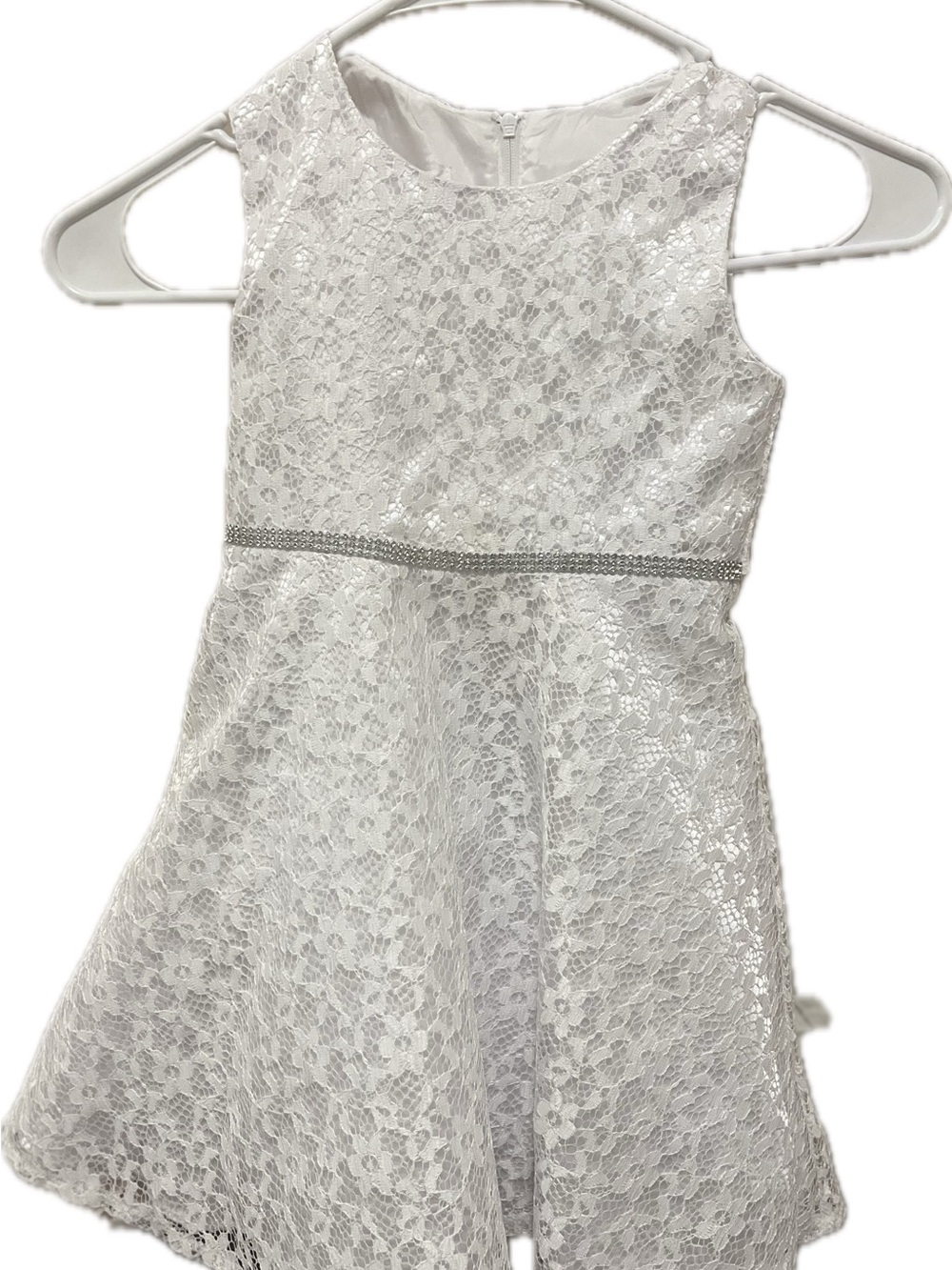 Girls White Lace Party Dress with Rhinestone Waist